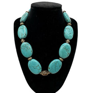 Southwestern Statement Necklace Oval Dyed Howlite & Sterling Silver Beaded 18 In